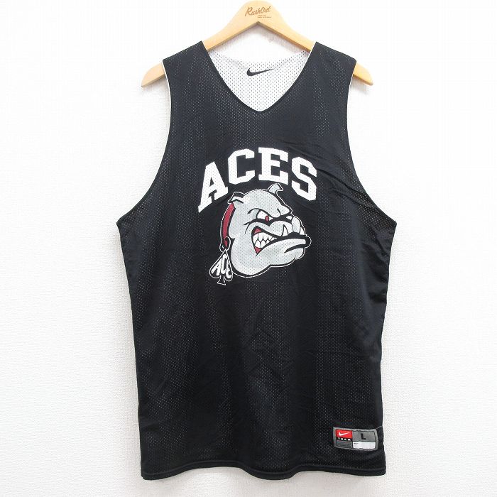 XL★古着 ナイキ NIKE タンクトップ メンズ ブルドッグ ACES リバーシブル メッシュ地 ロング丈 Vネック 黒 ブラック 25jun28 中古