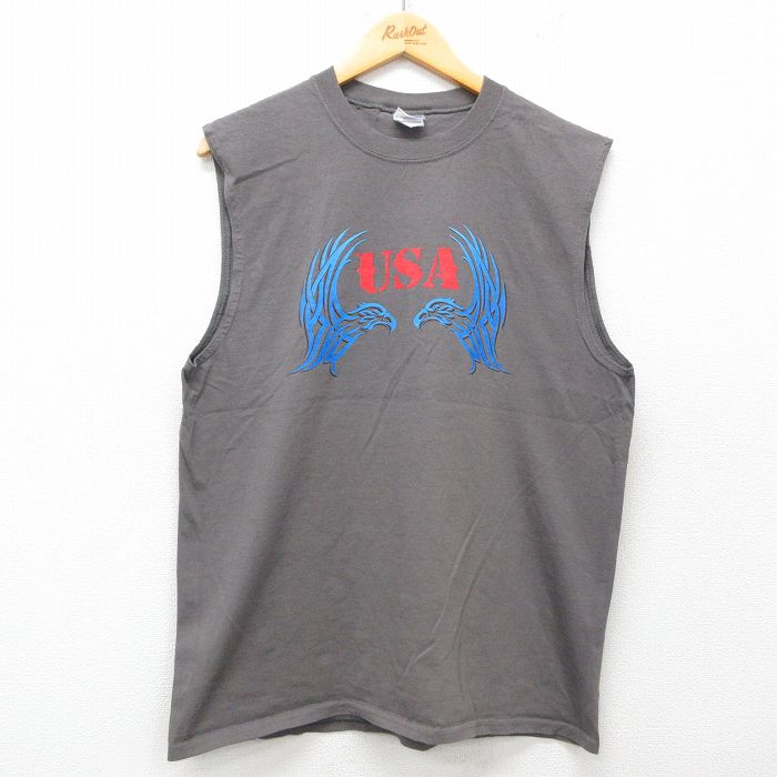 【50%OFF】L★古着 ノースリーブ ビンテージ Tシャツ メンズ 00年代 00s USAロゴ 鳥 トライバル柄 コットン クルーネック 濃グレー 25jun30 中古