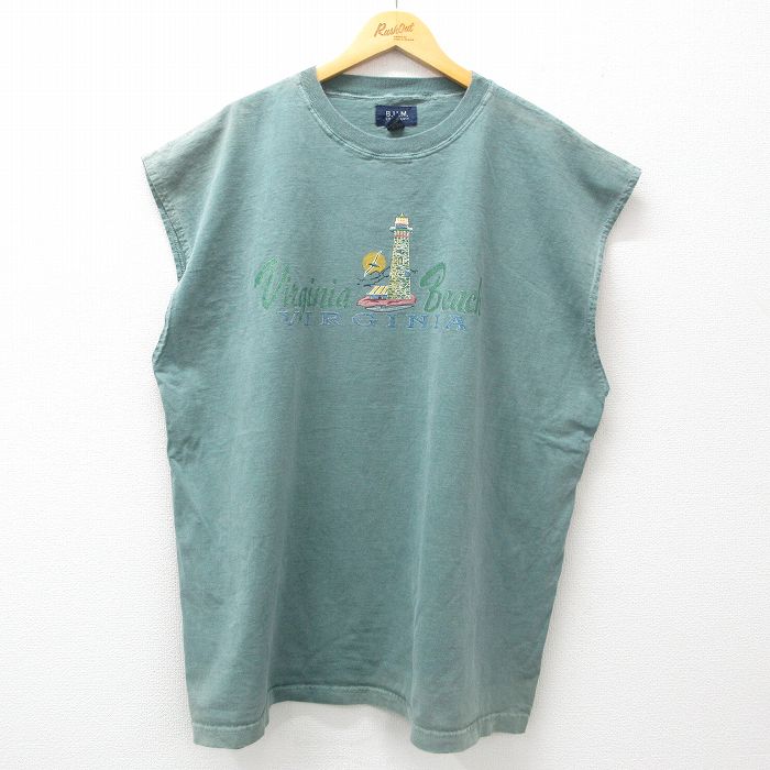 XL★古着 ノースリーブ ビンテージ Tシャツ メンズ バージニアビーチ 灯台 大きいサイズ ロング丈 コットン クルーネック 緑 グリーン 25jun30 中古