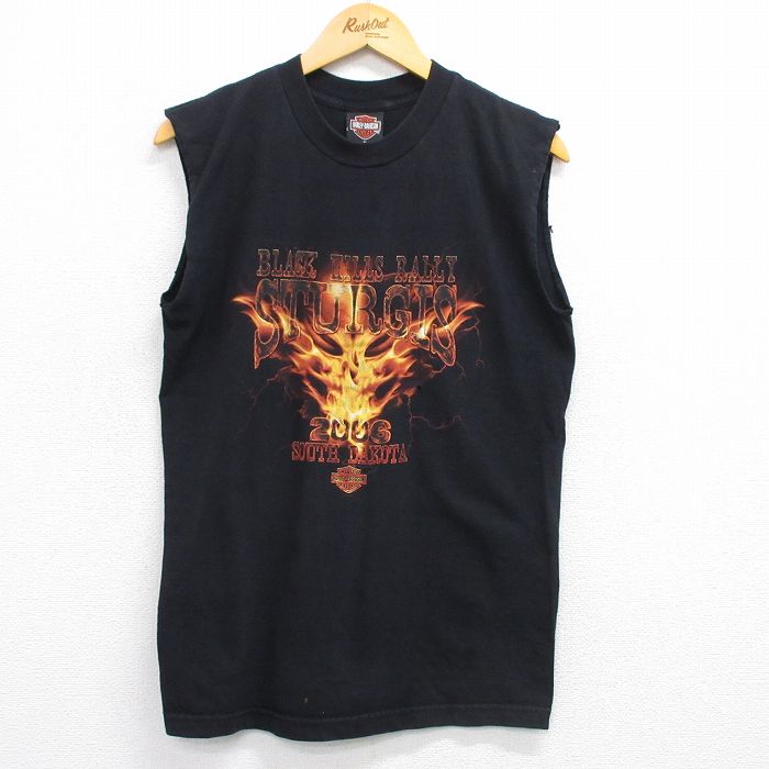 L★古着 ハーレーダビッドソン Harley Davidson ノースリーブ ビンテージ Tシャツ メンズ 00年代 00s スタージス 炎 コットン クルーネック USA製 黒 ブラック 25jul02 中古