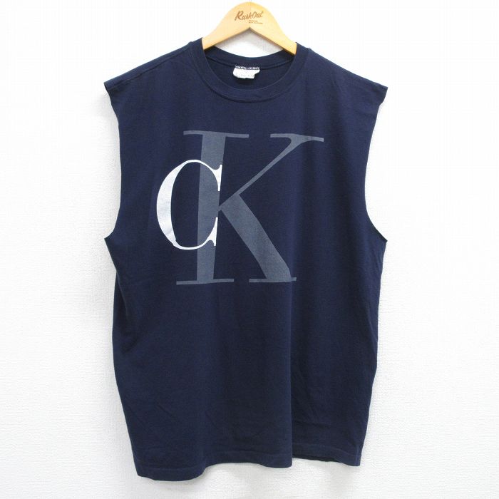 XL★古着 カルバンクライン Calvin Klein ノースリーブ ビンテージ ブランド Tシャツ メンズ 90年代 90s ビッグロゴ 大きいサイズ コットン クルーネック 紺 ネイビー 【spe】 25jul03 中古