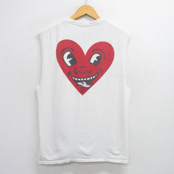 L★古着 ノースリーブ Tシャツ メンズ キースヘリング ハート コットン クルーネック 白 ホワイト 25jul03 中古