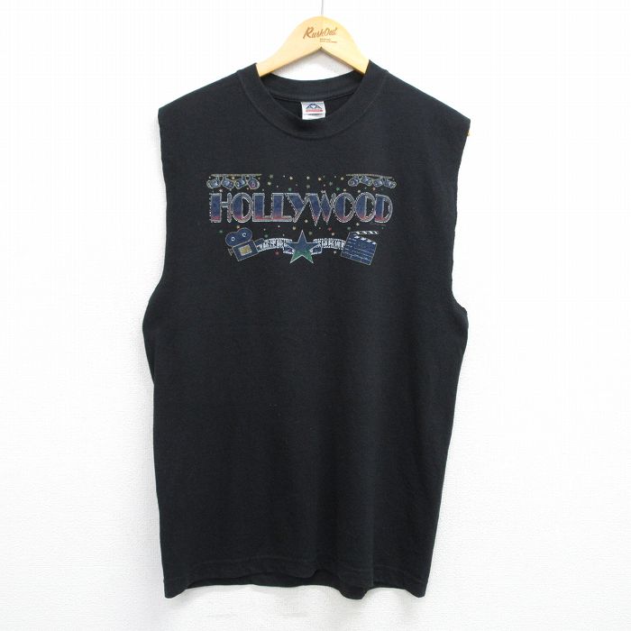 【20%OFF】L★古着 ノースリーブ ビンテージ Tシャツ メンズ 00年代 00s ハリウッド クルーネック 黒 ブラック 25jul03 中古
