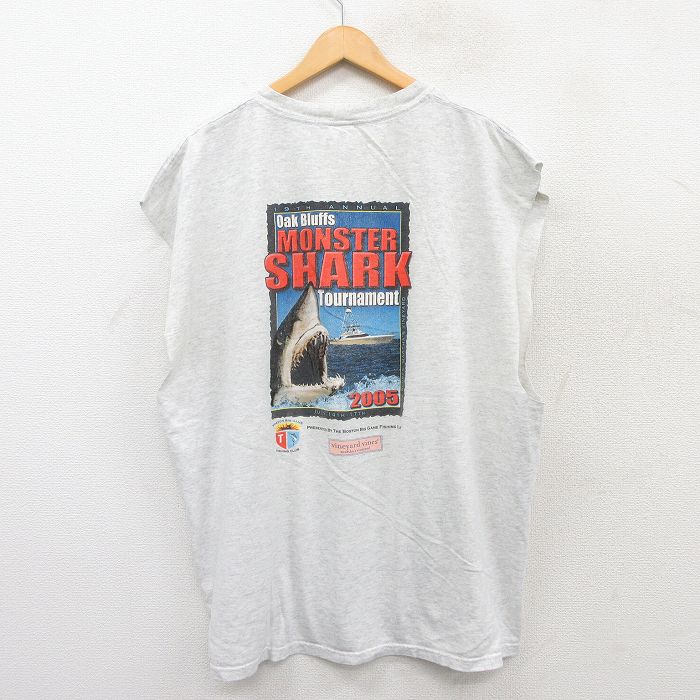 【20%OFF】XL★古着 ノースリーブ ビンテージ Tシャツ メンズ 00年代 00s FISHING CLUB サメ 大きいサイズ クルーネック 薄グレー 霜降り 25jul03 中古
