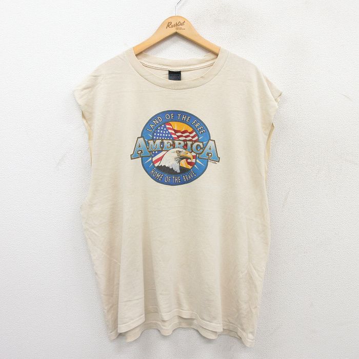 XL★古着 ノースリーブ ビンテージ Tシャツ メンズ 00年代 00s アメリカ 鳥 大きいサイズ コットン クルーネック USA製 薄ベージュ カーキ 25jul03 中古