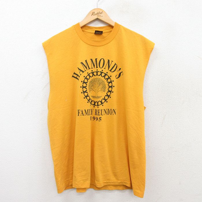 XL★古着 フルーツオブザルーム ノースリーブ ビンテージ Tシャツ メンズ 90年代 90s HAMMONDS 木 クルーネック USA製 黄 イエロー 25jul03 中古