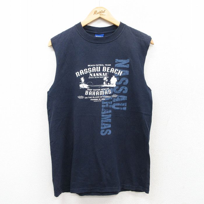 チャンピオン 00s ノースリーブTシャツ NASSAU BEACH ネイビー M | 古着