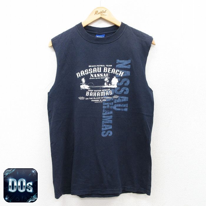 チャンピオン 00s ノースリーブTシャツ NASSAU BEACH ネイビー M | 古着