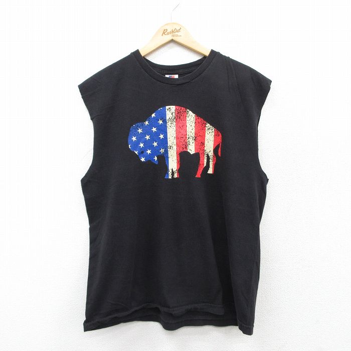 L★古着 ノースリーブ ビンテージ Tシャツ メンズ 00年代 00s バッファロー 星条旗 コットン クルーネック USA製 黒 ブラック 25jul04 中古