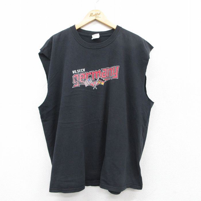 XL★古着 ノースリーブ ビンテージ Tシャツ メンズ 90年代 90s germany 大きいサイズ コットン クルーネック USA製 黒 ブラック 25jul04 中古
