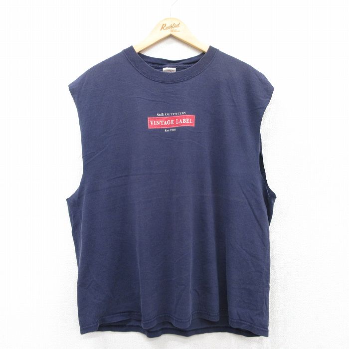 XL★古着 ノースリーブ ビンテージ 00年代 00s VINTAGE LABLE 大きいサイズ コットン クルーネック 紺 ネイビー 25jul04 中古 メンズ