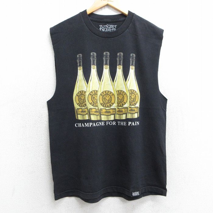 L★古着 ノースリーブ Tシャツ メンズ STREET DREAMS 酒 コットン クルーネック USA製 黒 ブラック 25jul05 中古