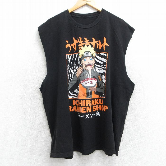 XL★古着 ノースリーブ Tシャツ メンズ アニメ ナルト疾風伝 一楽 大きいサイズ クルーネック 黒 ブラック 25jul05 中古