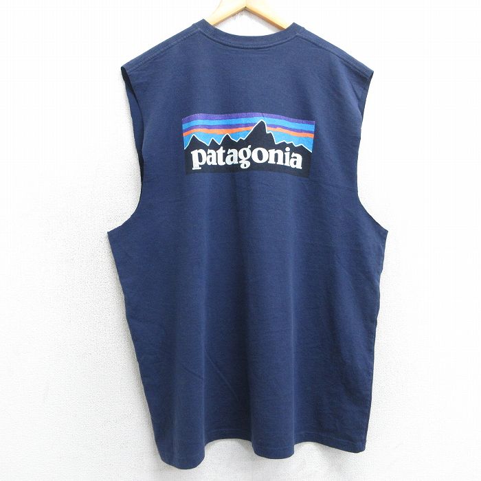 XL★古着 パタゴニア patagonia ノースリーブ Tシャツ メンズ ビッグロゴ 大きいサイズ ロング丈 クルーネック 紺 ネイビー 25jul05 中古