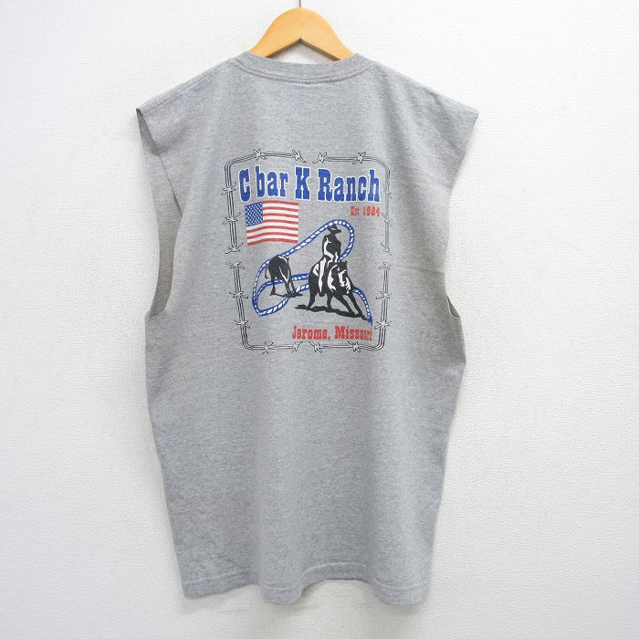 XL★古着 ノースリーブ ビンテージ Tシャツ メンズ 90年代 90s カウボーイ 星条旗 胸ポケット付き 大きいサイズ クルーネック USA製 グレー 霜降り 25jul05 中古