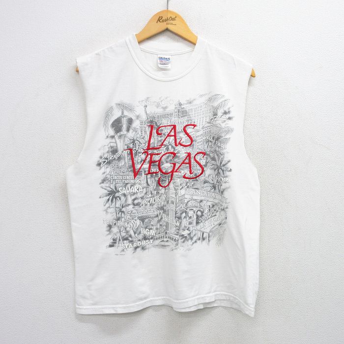 L★古着 ノースリーブ ビンテージ Tシャツ メンズ 00年代 00s ラスベガス 刺繍 コットン クルーネック 白 ホワイト 25jul05 中古
