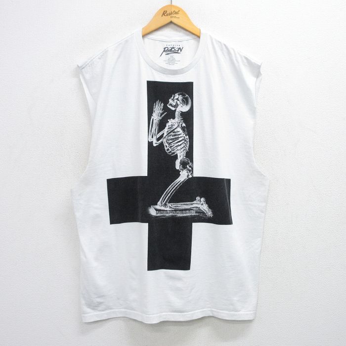 XL★古着 ノースリーブ Tシャツ メンズ スケルトン 十字架 大きいサイズ コットン クルーネック 白 ホワイト 25jul05 中古