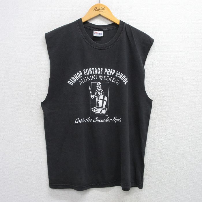 【50%OFF】L★古着 ノースリーブ ビンテージ Tシャツ メンズ 00年代 00s ビショップユースタスプレパラトリースクール 騎士 コットン クルーネック 黒 ブラック 25jul05 中古