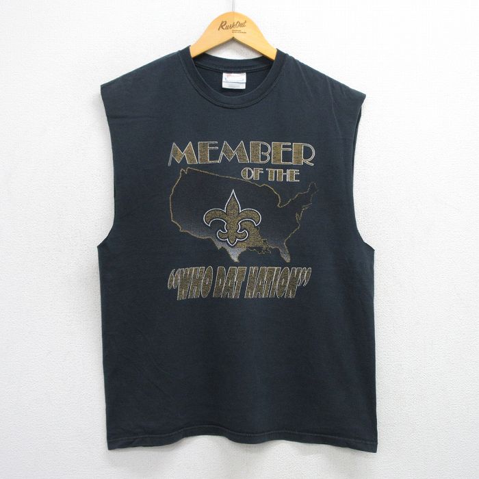 【50%OFF】L★古着 ヘインズ Hanes ノースリーブ ビンテージ Tシャツ メンズ 00年代 00s NFL ニューオーリンズセインツ コットン クルーネック 黒 ブラック アメフト スーパーボウル 25jul05 中古