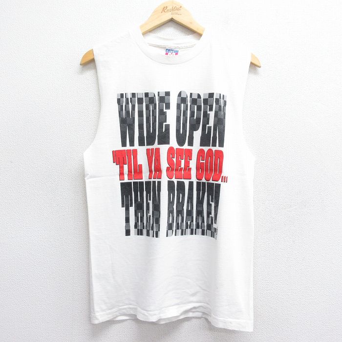 M★古着 ノースリーブ ビンテージ Tシャツ メンズ 90年代 90s WIDE OPEN コットン クルーネック USA製 白 ホワイト 25jul07 中古