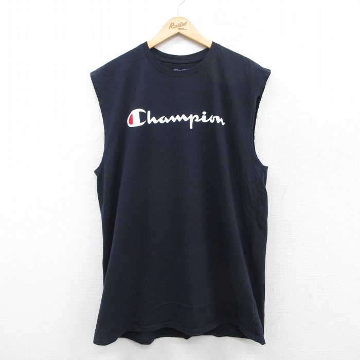 XL★古着 チャンピオン champion ノースリーブ Tシャツ メンズ ビッグロゴ コットン クルーネック 濃紺 ネイビー 25jul07 中古