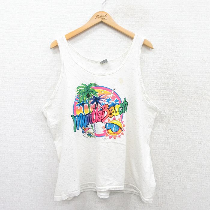 XL★古着 ビンテージ タンクトップ メンズ 90年代 90s マートルビーチ 太陽 ヤシの木 大きいサイズ コットン クルーネック USA製 白 ホワイト 霜降り 25jul07 中古
