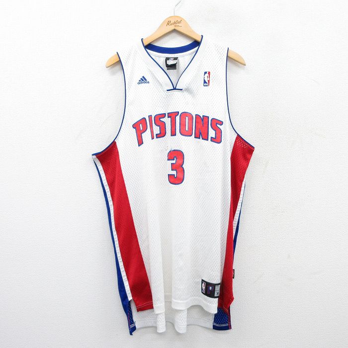 XL★古着 アディダス adidas ノースリーブ Tシャツ メンズ NBA デトロイトピストルズ ロドニースタッキー 3 メッシュ地 大きいサイズ ロング丈 Vネック 白 ホワイト ユニフォーム ゲームシャツ バスケットボール 25jul07 中古