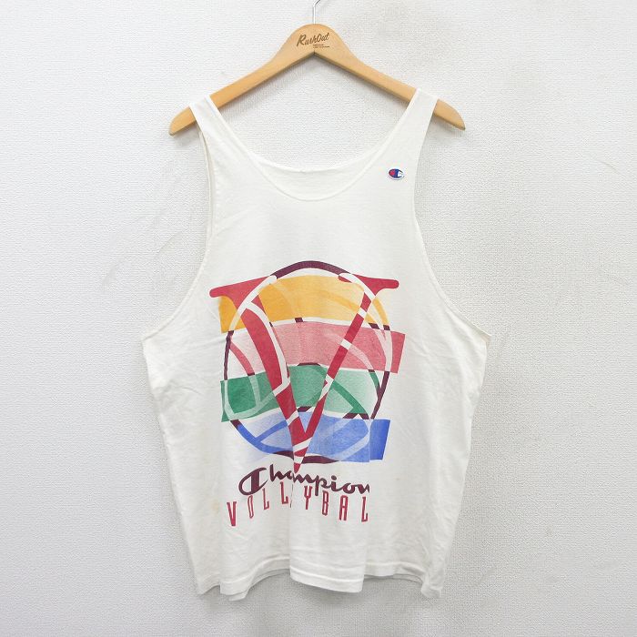 【20%OFF】XL★古着 チャンピオン champion ビンテージ タンクトップ メンズ 90年代 90s ビッグロゴ バレーボール クルーネック 白 ホワイト 25jul07 中古