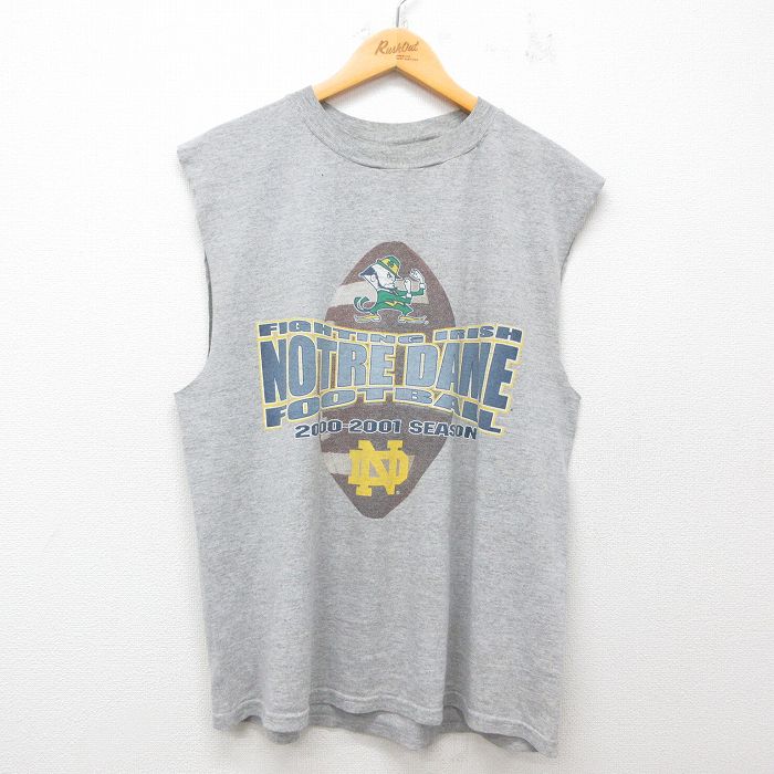 XL★古着 TULTEX ノースリーブ ビンテージ Tシャツ メンズ 00年代 00s ノートルダム フットボール クルーネック グレー 霜降り 25jul07 中古