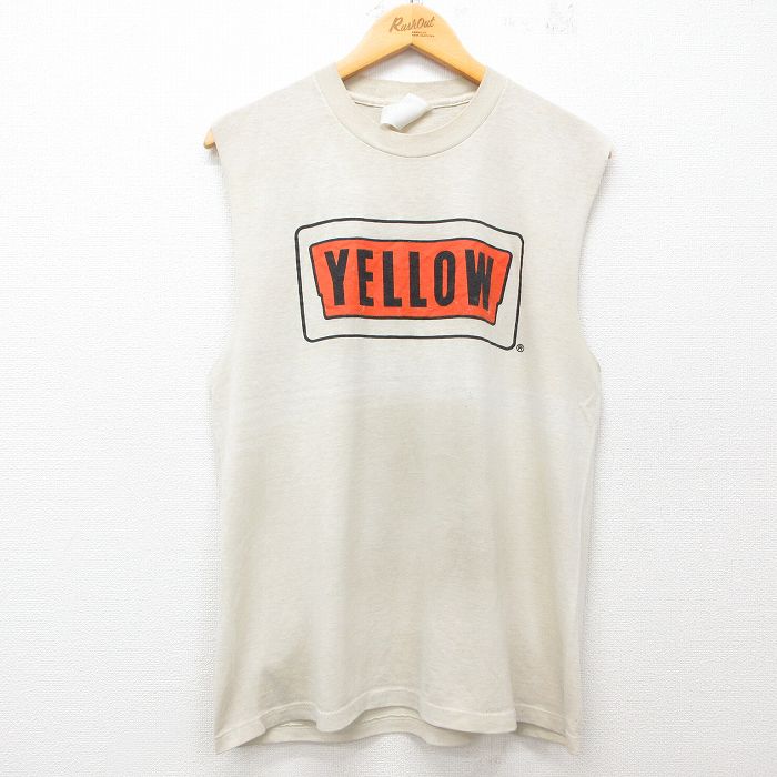 L★古着 ノースリーブ ビンテージ Tシャツ メンズ 90年代 90s YELLOW クルーネック USA製 薄ベージュ系 カーキ 25jul07 中古