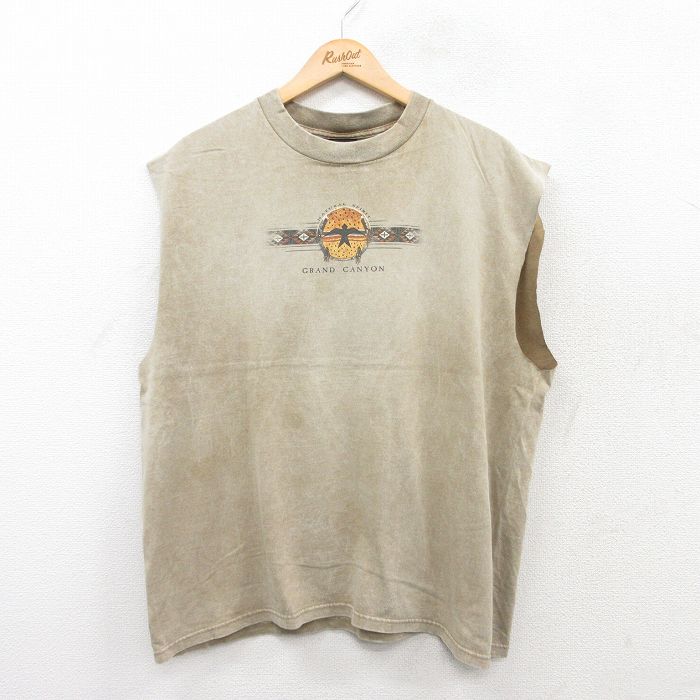 XL★古着 ノースリーブ ビンテージ Tシャツ メンズ 90年代 90s グランドキャニオン 鳥 大きいサイズ コットン クルーネック USA製 薄ベージュ カーキ 【spe】 25jul08 中古