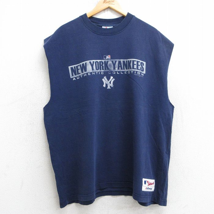 XL★古着 マジェスティック ノースリーブ ビンテージ Tシャツ メンズ 00年代 00s MLB ニューヨークヤンキース 大きいサイズ コットン クルーネック 紺 ネイビー メジャーリーグ ベースボール 野球 25jul08 中古