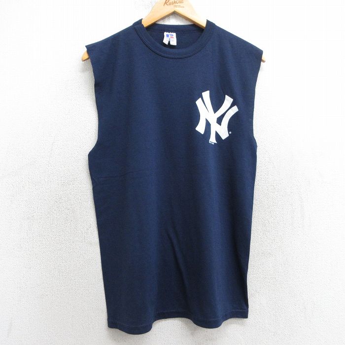 M★古着 ラッセル ノースリーブ ビンテージ Tシャツ メンズ 00年代 00s MLB ニューヨークヤンキース クルーネック 紺 ネイビー メジャーリーグ ベースボール 野球 25jul08 中古