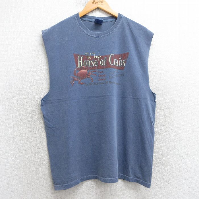 【20%OFF】L★古着 ノースリーブ ビンテージ Tシャツ メンズ 00年代 00s カニ Crabs コットン クルーネック 薄紺 ネイビー 25jul08 中古