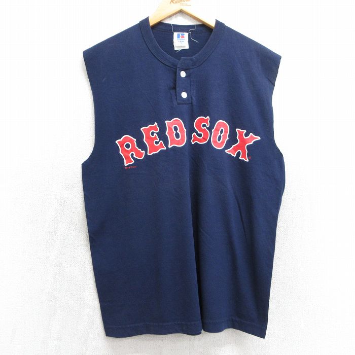L★古着 ラッセル ノースリーブ ビンテージ Tシャツ メンズ 00年代 00s MLB ボストンレッドソックス ヘンリーネック 紺 ネイビー メジャーリーグ ベースボール 野球 25jul08 中古