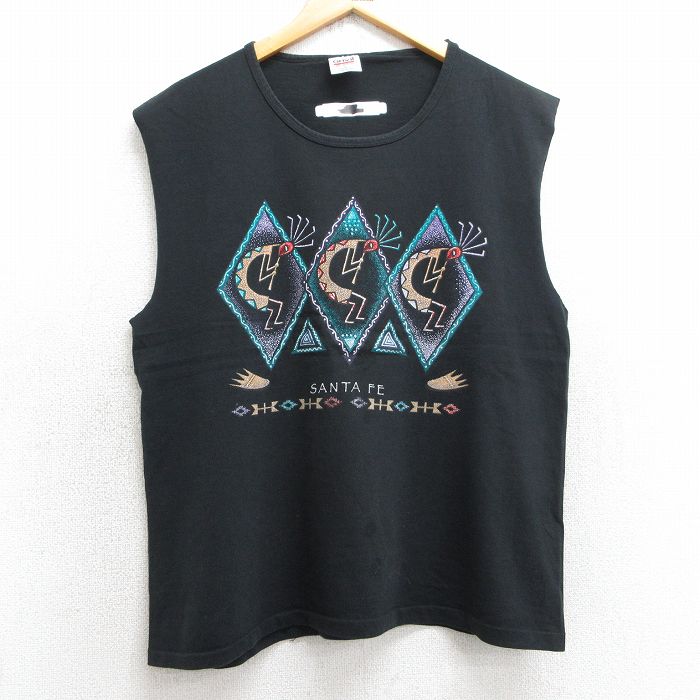 L★古着 ノースリーブ ビンテージ Tシャツ メンズ 90年代 90s ココペリ族 コットン クルーネック USA製 黒 ブラック 【spe】 25jul08 中古