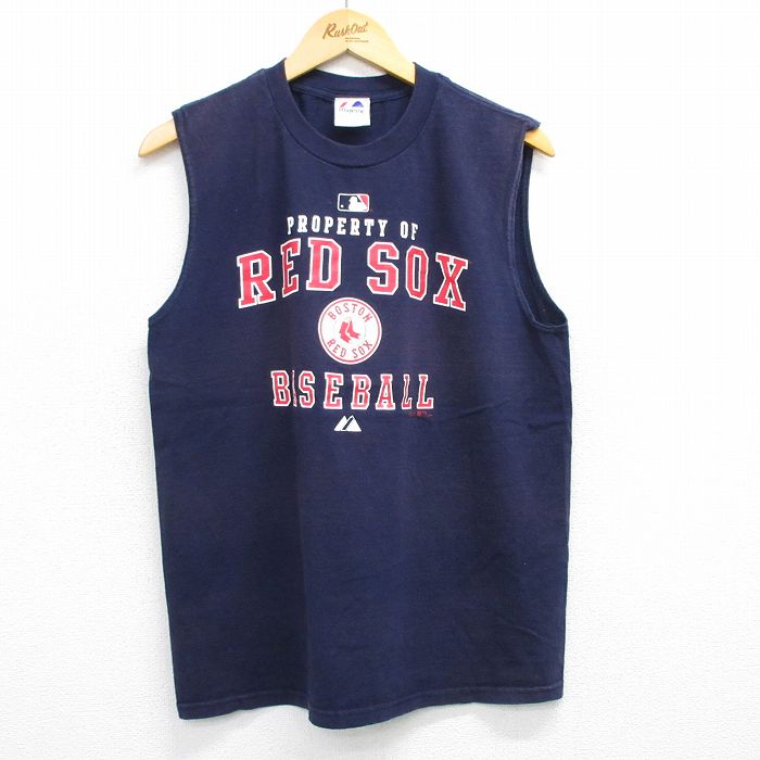 L★古着 マジェスティック ノースリーブ ビンテージ Tシャツ メンズ 00年代 00s MLB ボストンレッドソックス コットン クルーネック 紺 ネイビー メジャーリーグ ベースボール 野球 25jul09 中古