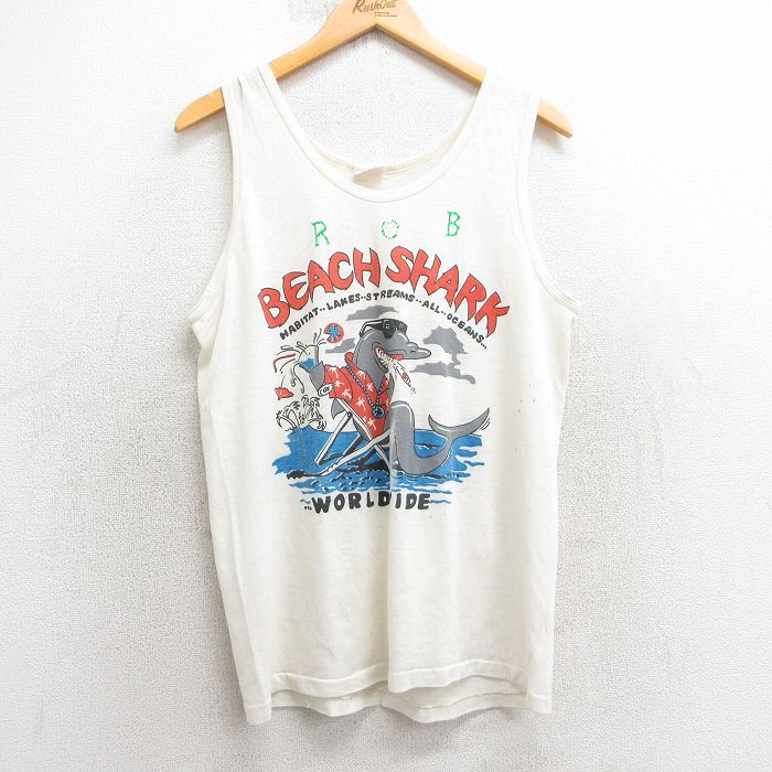 M★古着 ビンテージ タンクトップ メンズ 80年代 80s サメ ビーチ クルーネック USA製 生成り 25jul10 中古