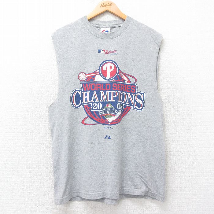 【20%OFF】L★古着 マジェスティック ノースリーブ ビンテージ Tシャツ メンズ 00年代 00s MLB フィラデルフィアフィリーズ ワールドシリーズ クルーネック グレー 霜降り メジャーリーグ ベースボール 野球 25jul10 中古