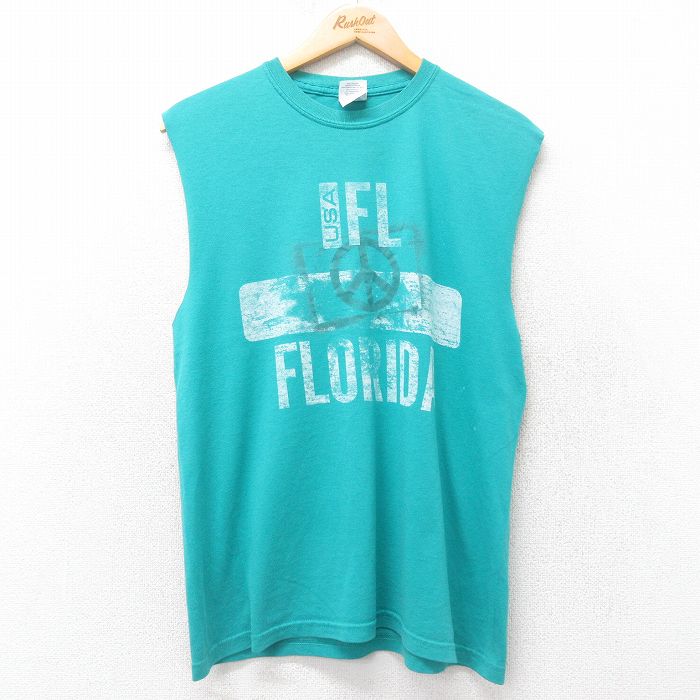 L★古着 ノースリーブ ビンテージ Tシャツ メンズ 00年代 00s フロリダ ピースマーク クルーネック 青緑 25jul10 中古
