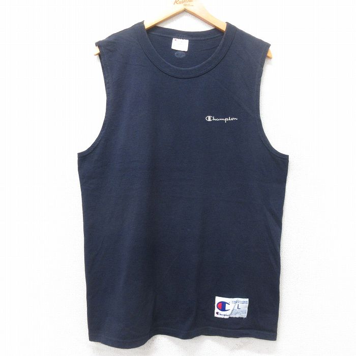 L★古着 チャンピオン champion ノースリーブ ビンテージ Tシャツ メンズ 00年代 00s ワンポイントロゴ コットン クルーネック 紺 ネイビー 25jul10 中古