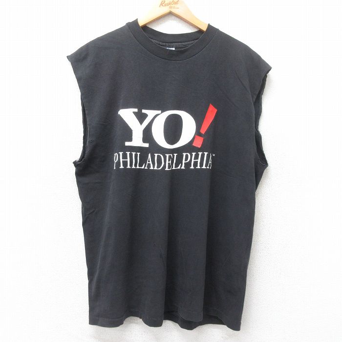 【50%OFF】XL★古着 ヘインズ Hanes ノースリーブ ビンテージ Tシャツ メンズ 90年代 90s YO! フィラデルフィア コットン クルーネック 黒 ブラック 【spe】 25jul10 中古