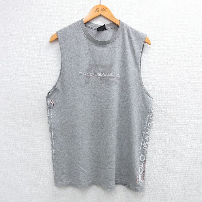 L★古着 ラルフローレン Ralph Lauren ポロジーンズ ノースリーブ ブランド Tシャツ メンズ 00年代 00s ビッグロゴ クルーネック グレー 霜降り 25jul10 中古