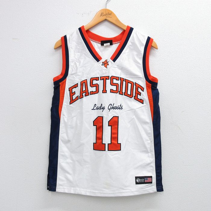 【50%OFF】M★古着 ノースリーブ ビンテージ Tシャツ レディース 90年代 90s EASTSIDE 11 Vネック USA製 白 ホワイト ユニフォーム ゲームシャツ 25jul10 中古
