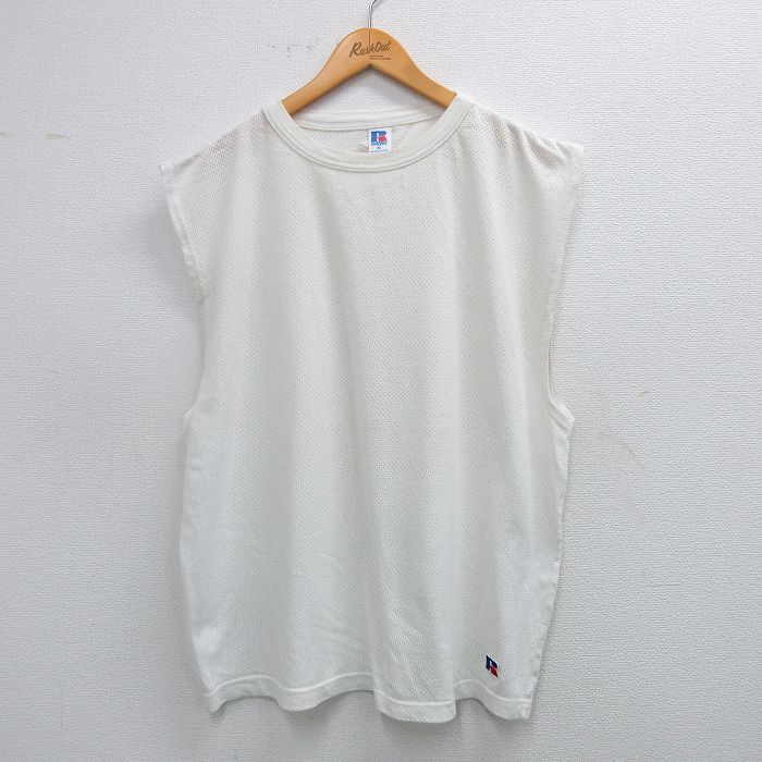 【20%OFF】XL★古着 ラッセル ノースリーブ ビンテージ Tシャツ メンズ 90年代 90s ワンポイントロゴ メッシュ地 大きいサイズ クルーネック 白 ホワイト 【spe】 25jul10 中古