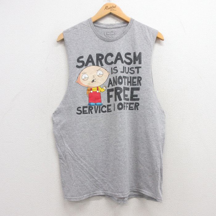 【50%OFF】L★古着 ノースリーブ Tシャツ メンズ アニメ ファミリーガイ クルーネック グレー 霜降り 25jul12 中古