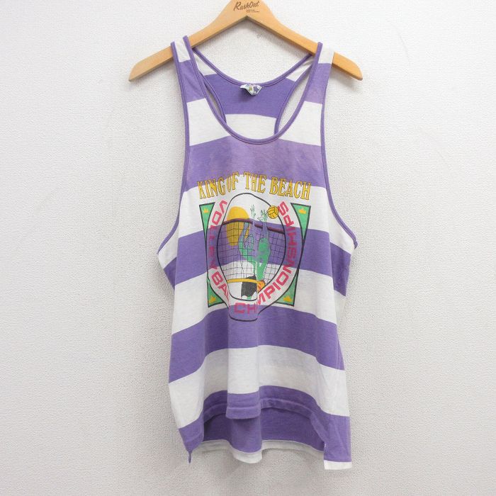 L★古着 ビンテージ タンクトップ メンズ 90年代 90s ビーチバレー クルーネック 紫他 パープル ボーダー 25jul12 中古