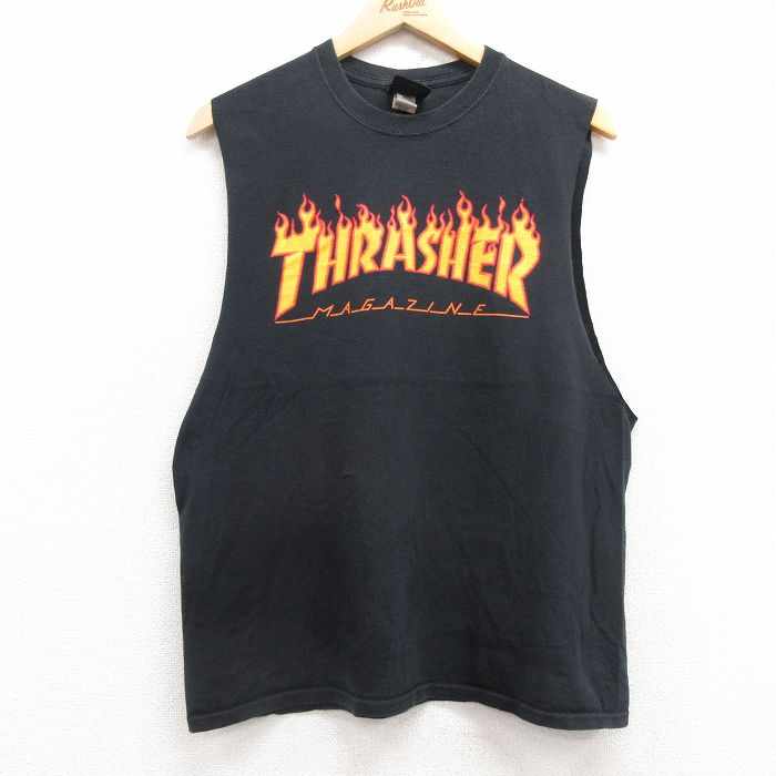 【50%OFF】M★古着 スラッシャー ノースリーブ Tシャツ メンズ ビッグロゴ コットン クルーネック 黒 ブラック 25jul12 中古