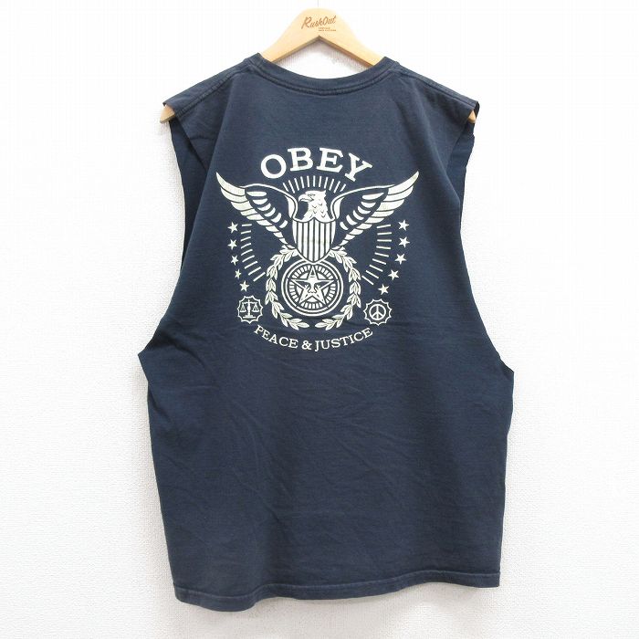オベイ 00s ノースリーブTシャツ ビッグロゴ ネイビー XL | 古着
