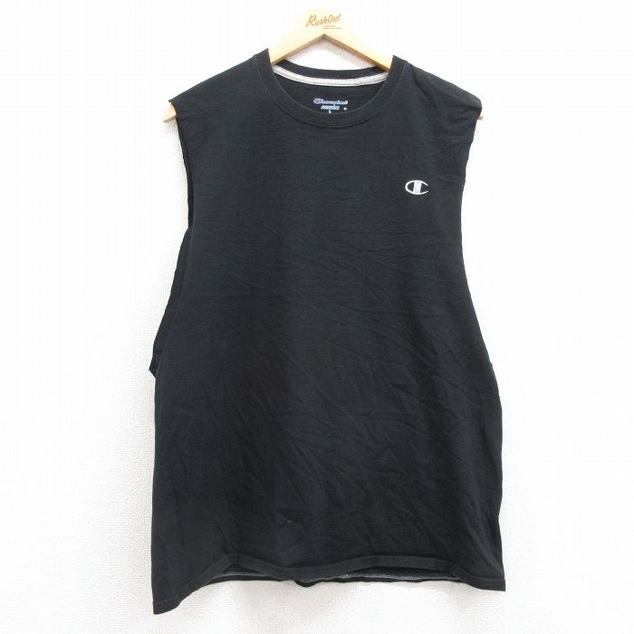 L★古着 チャンピオン Champion ノースリーブ Tシャツ メンズ ワンポイントロゴ コットン クルーネック 黒 ブラック 25jul12 中古
